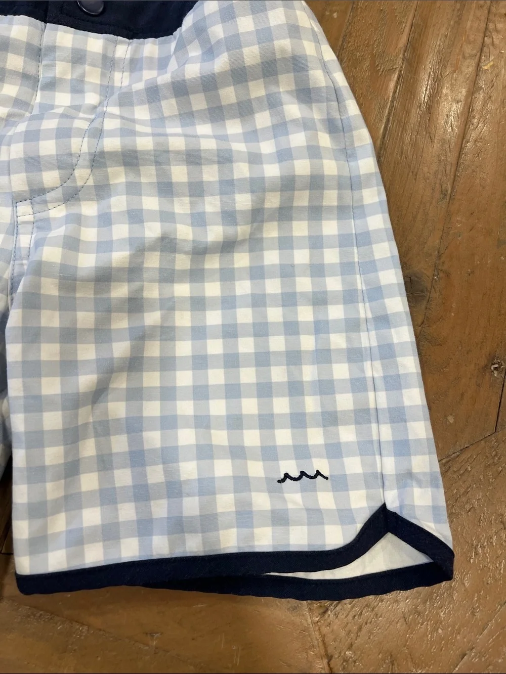 Minnow blue gingham checkered plaid swim trunks 9-10 years old